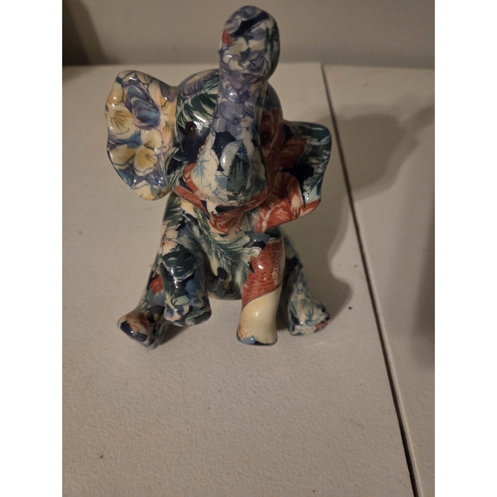 Vintage Floral Decoupage Ceramic Sitting Elephant Figurine Trunk Up Good Luck